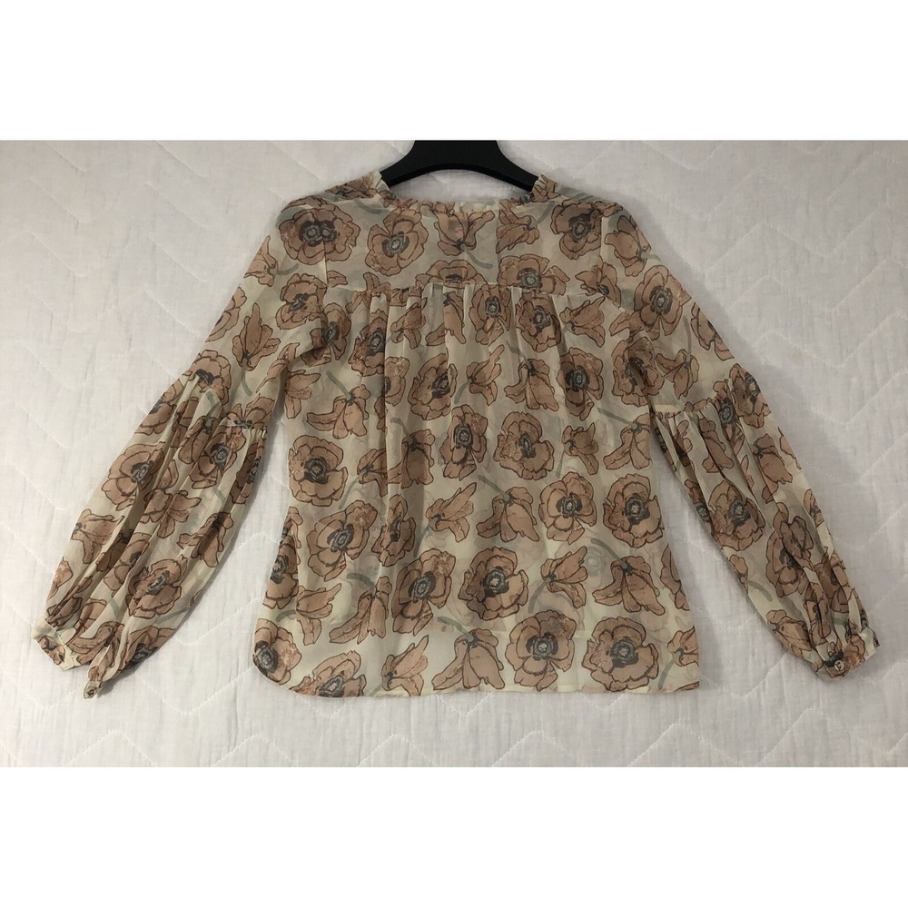 Lucky Brand Top Womens XS Floral Tan Pink Blush Peasant Bell Sleeve Sheer NWT - Picture 2 of 16